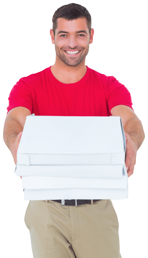 Smiling Delivery Person Handling Transparent Pizza Boxes