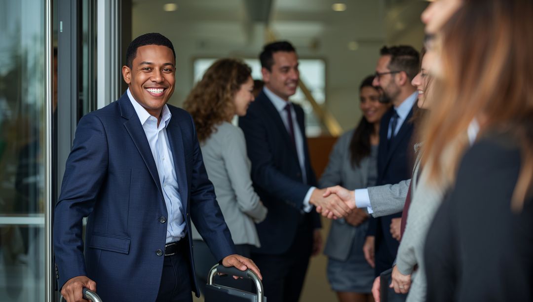 Smiling Professional with Suitcase in Modern Office Lobby