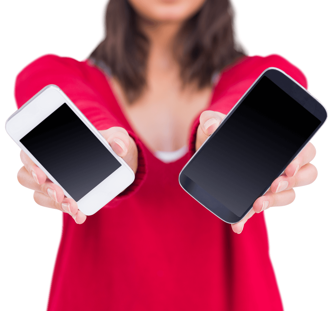 Smiling Woman Holding Two Smartphones on Transparent Background