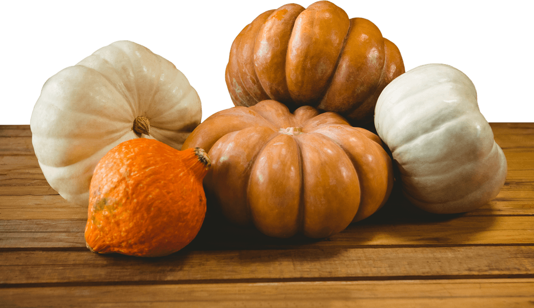 Variety of Colorful Pumpkins on Transparent Wooden Table Background