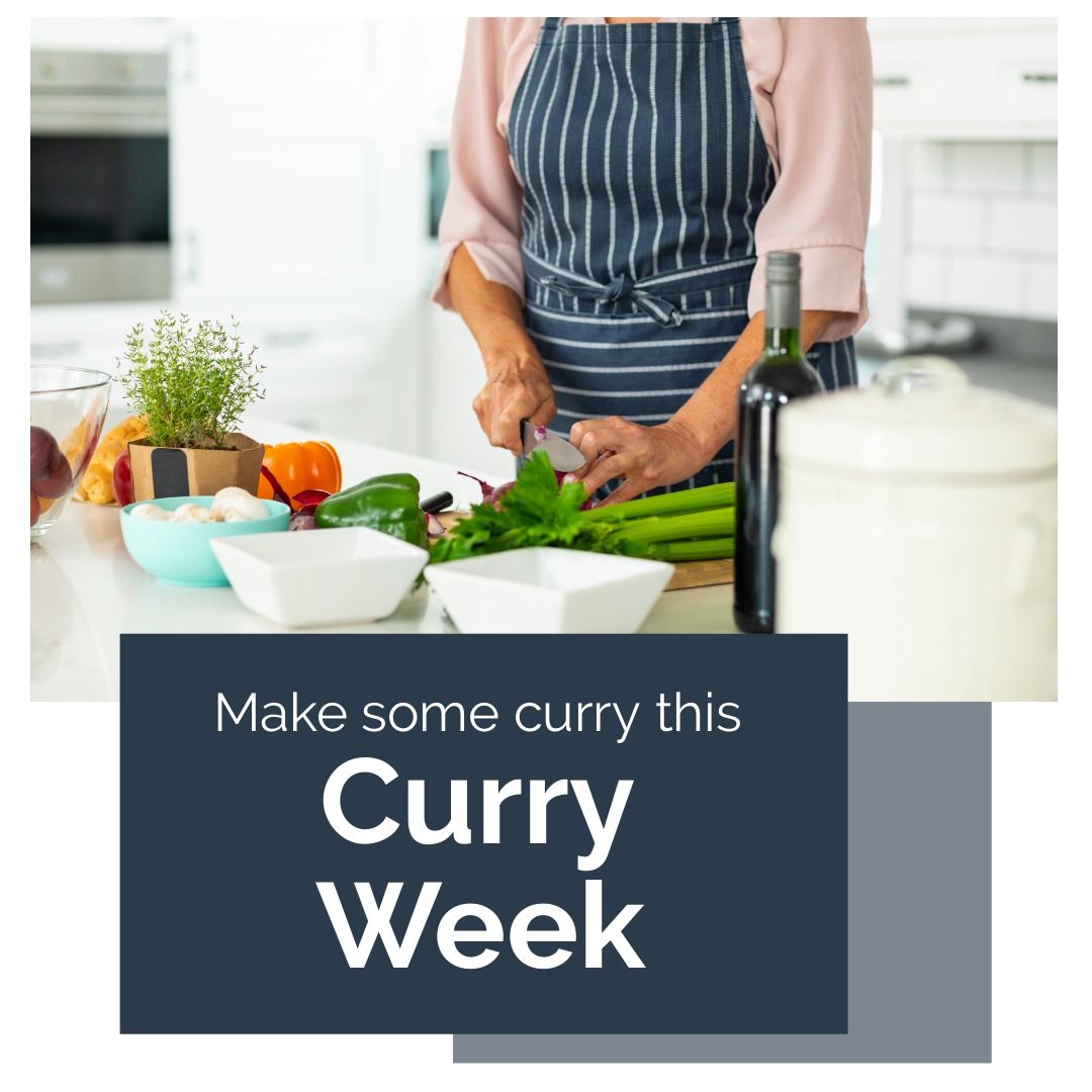 Square image of national curry week text with caucasian women cooking curry - Download Free Stock Templates Pikwizard.com