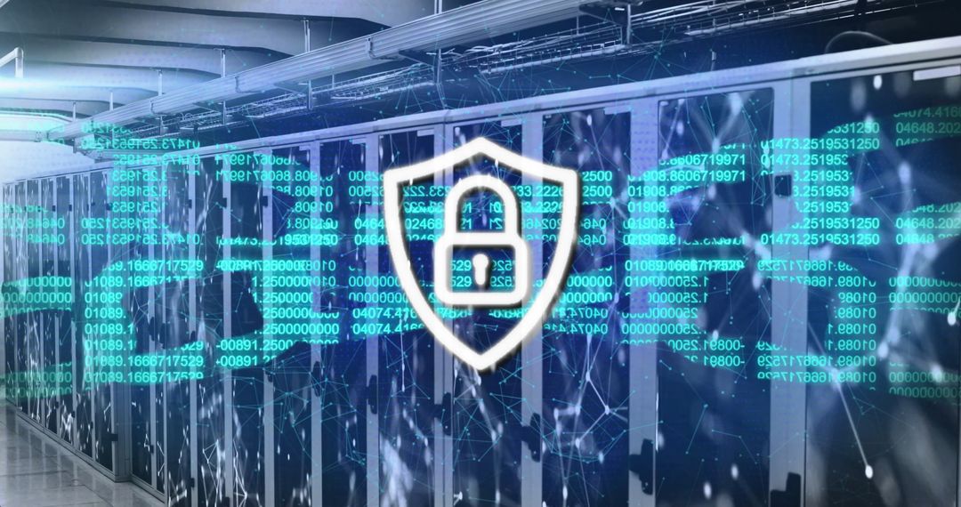 Cybersecurity Concept with Padlock Overlay on Server Room