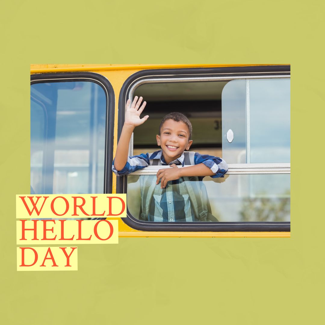 Happy Biracial Boy Waving Cheerfully from School Bus Window
