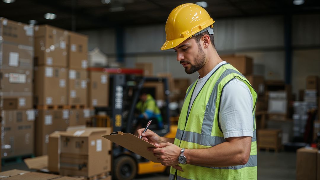 Warehouse Worker Using Clipboard for Inventory Check