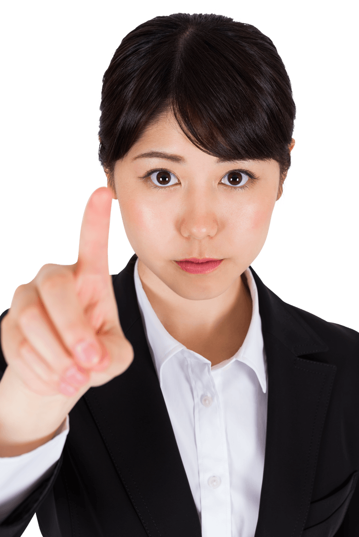 Asian Businesswoman Pointing on Transparent Background Interface Concept