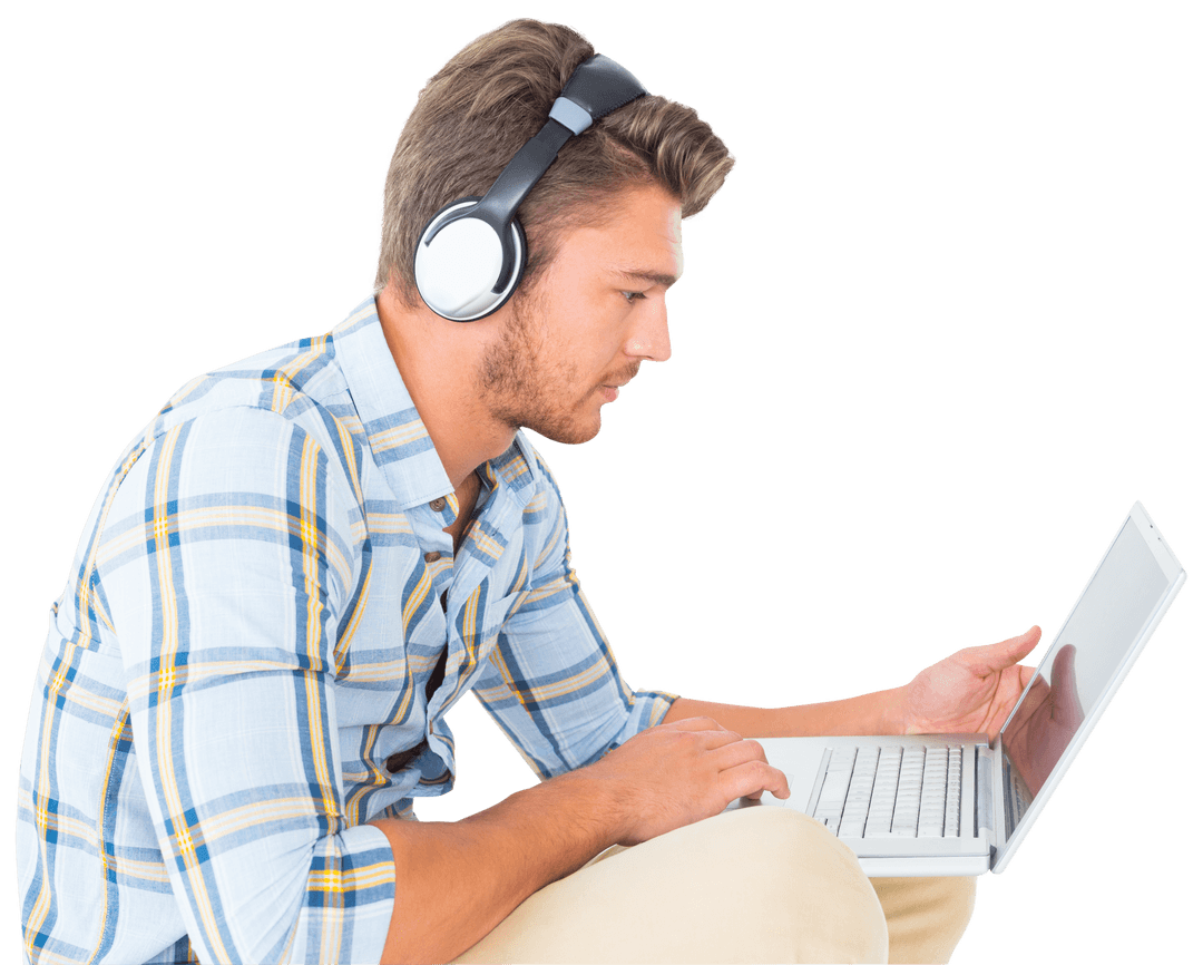 Transparent Scene of Man in Headphones Using Laptop