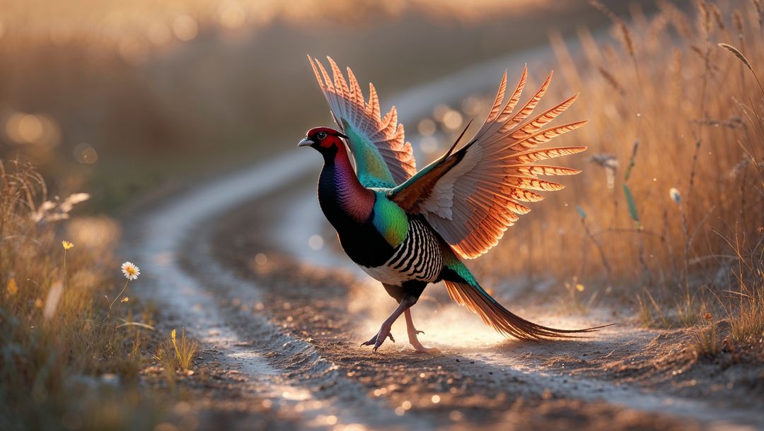Colorful pheasant animal display in serene grassland meadow