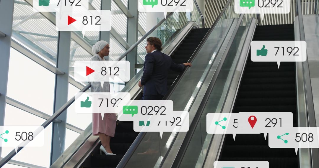 Colleagues Discussing Work with Social Media Interaction Overlay