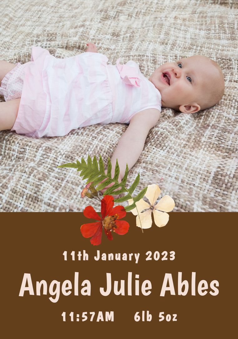 Newborn Baby Announcement with Birth Details on Brown Background - Download Free Stock Templates Pikwizard.com