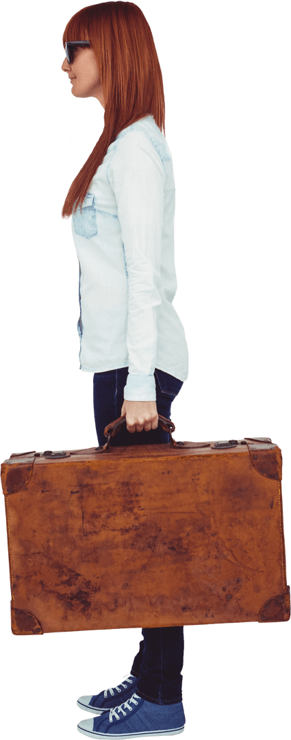 Smiling Hipster Woman Side View Holding Vintage Suitcase Transparent