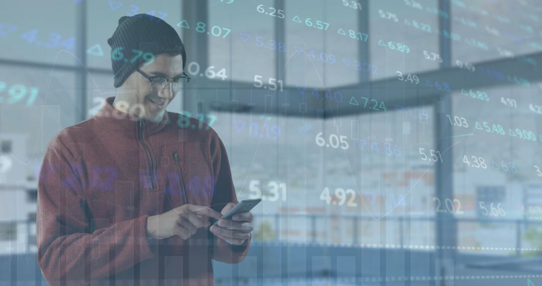 Man Analyzing Stock Market Data on Smartphone with Transparent Financial Graphs