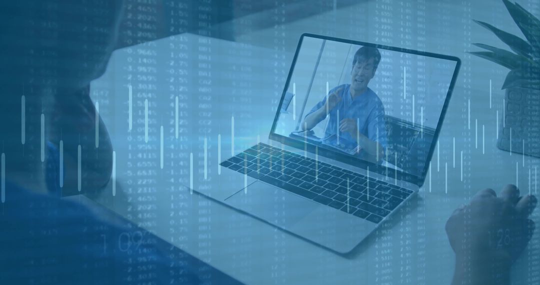 Colleague in Virtual Meeting on Laptop with Statistical Overlay