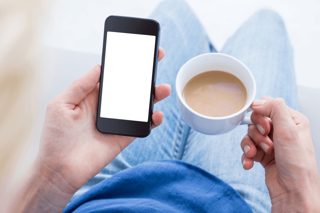 Transparent Mobile Screen with Relaxing Coffee and Casual Attire