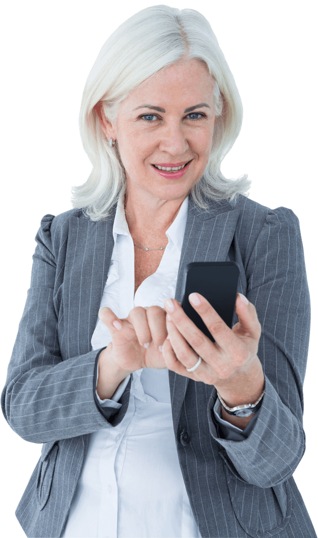 Smiling Businesswoman Texting on Transparent Background