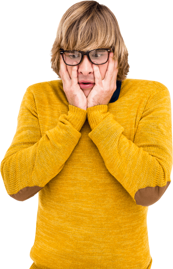 Shocked Hipster in Yellow Sweater with Transparent Background