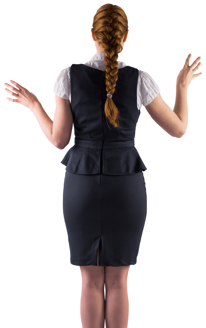 Transparent Redhead Businesswoman Gesturing in Professional Attire