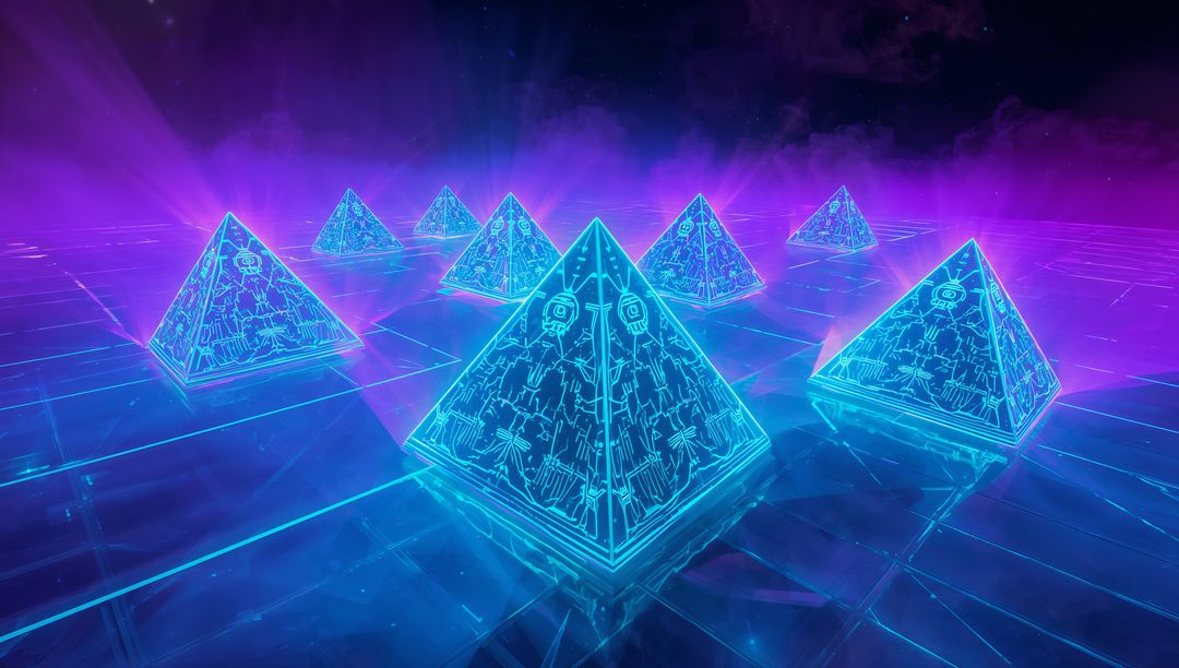 Neon Cyber Pyramids Emitting Holographic Circuitry on Reflective Grid Horizon