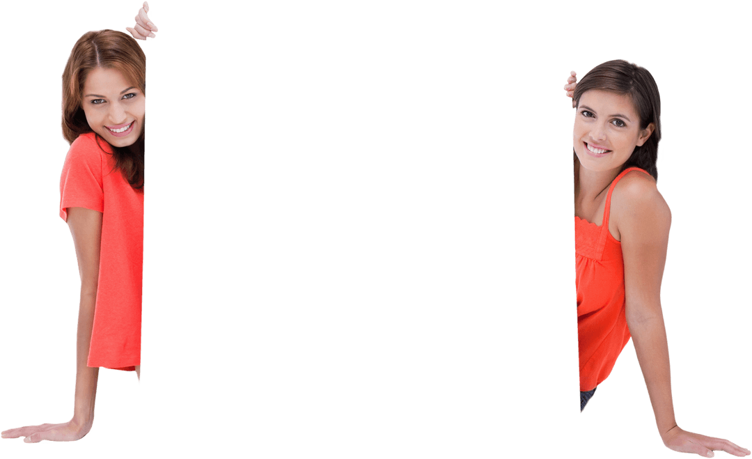 Two Smiling Women Holding Blank Transparent Card