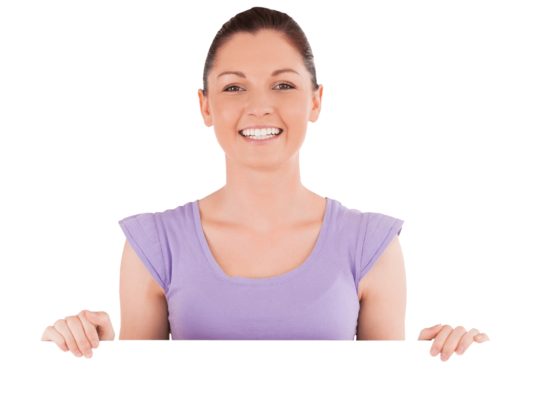 Smiling Woman Holding Blank Bar on Transparent Background