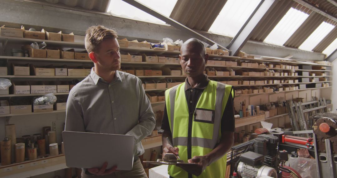 Diverse Workers Collaborating with Technology in Factory Warehouse