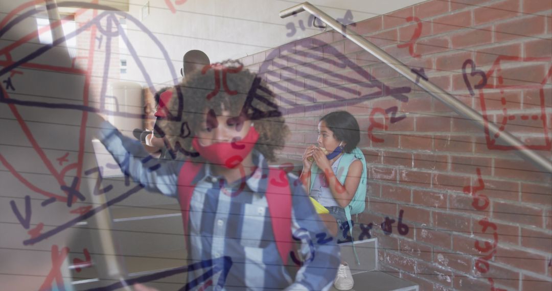 Mathematical Equations Overlay Diverse Schoolchildren in Pandemic Learning