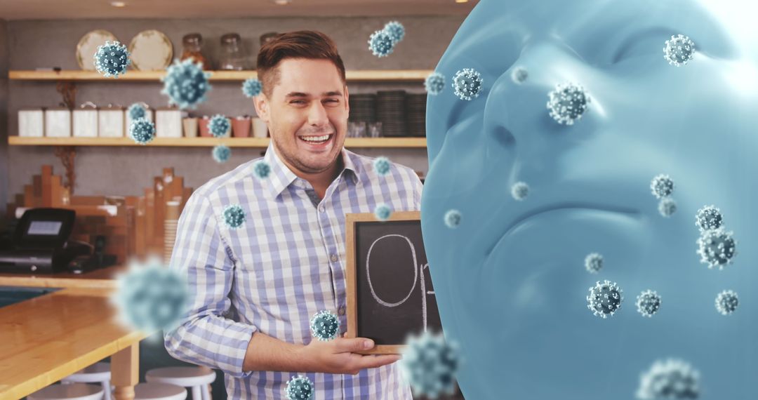 Cheerful Cafe Owner Holding Open Sign with Coronavirus Prevention Concept