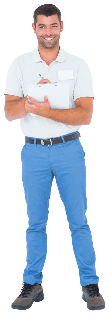 Transparent Portrait of Smiling Man Holding Clipboard