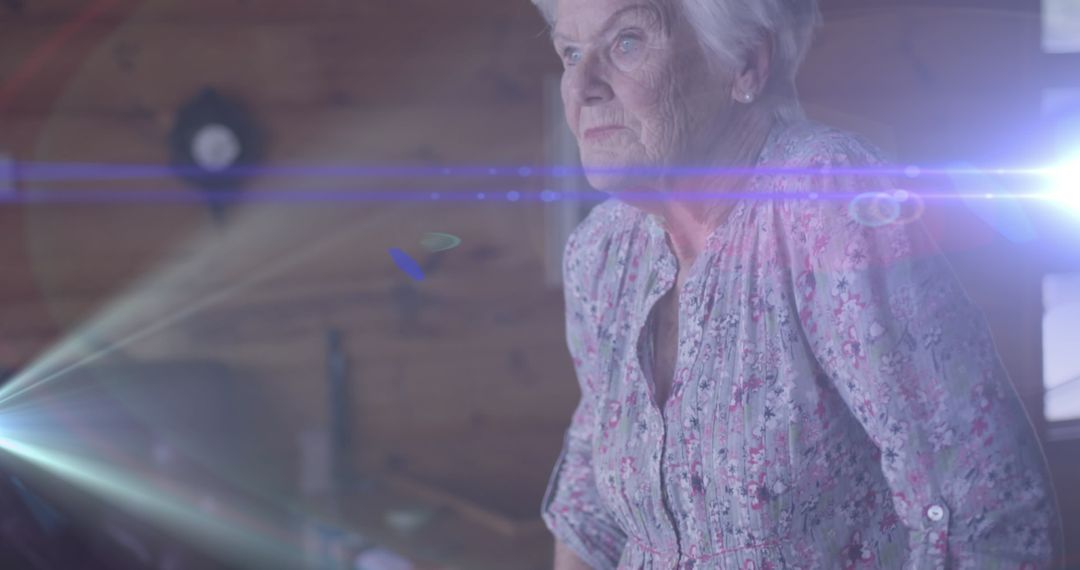 Senior Woman Reflects with Walking Frame and Light Rays