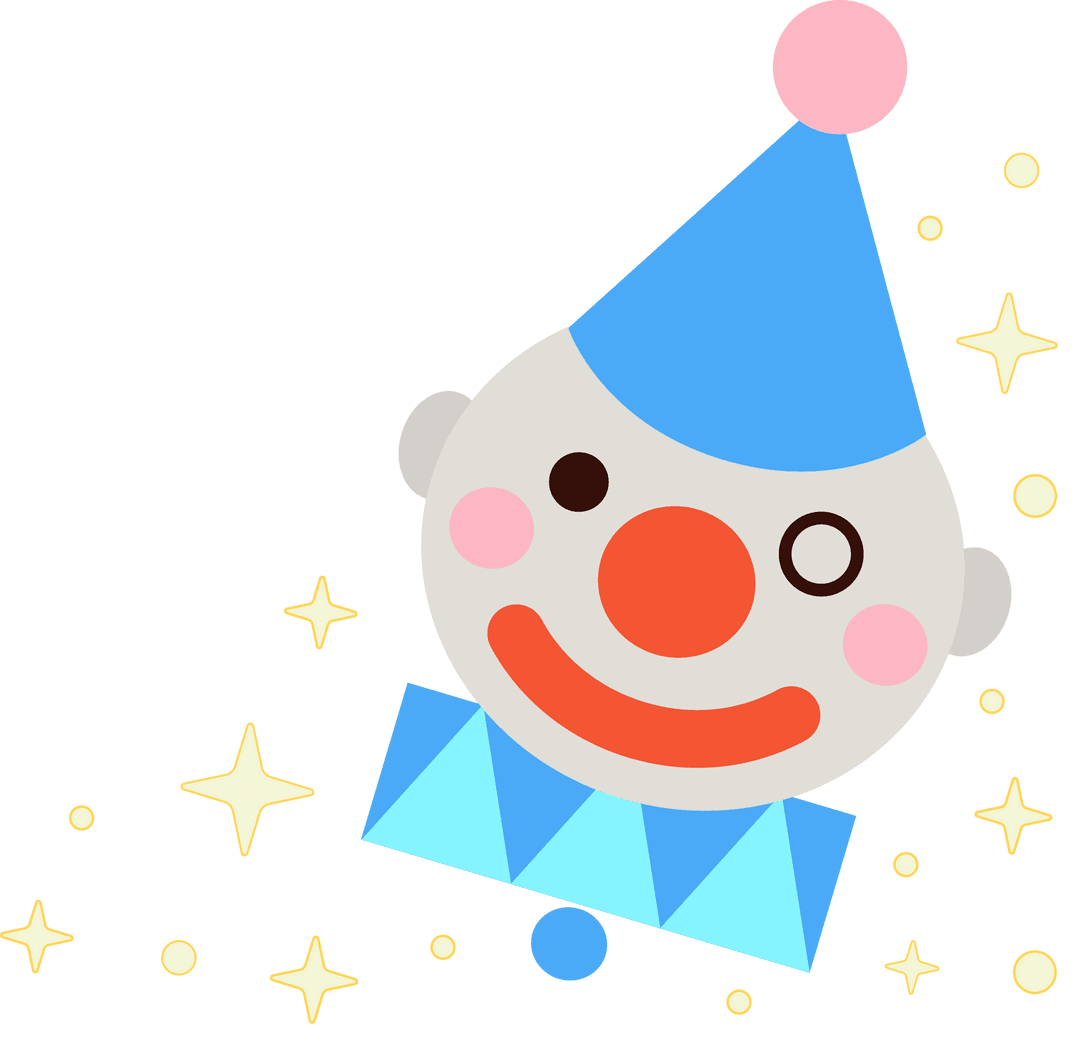 Whimsical Cartoon Clown with Festive Sparkles on Transparent Background