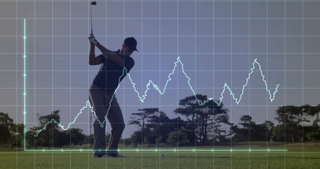 Golfer Analyzing Swing Performance with Data Chart Overlay