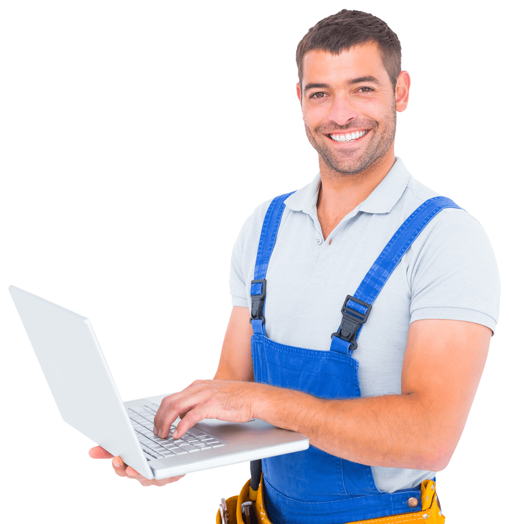 Confident Handyman Smiling with Laptop Transparent Background