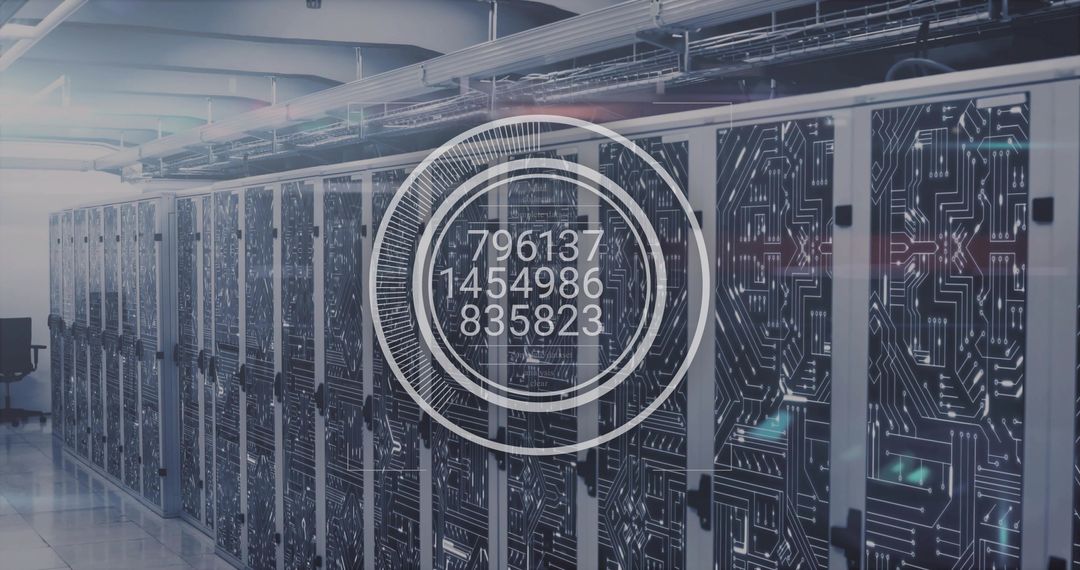 Futuristic Data Center with Digital Interface Overlay and Server Racks