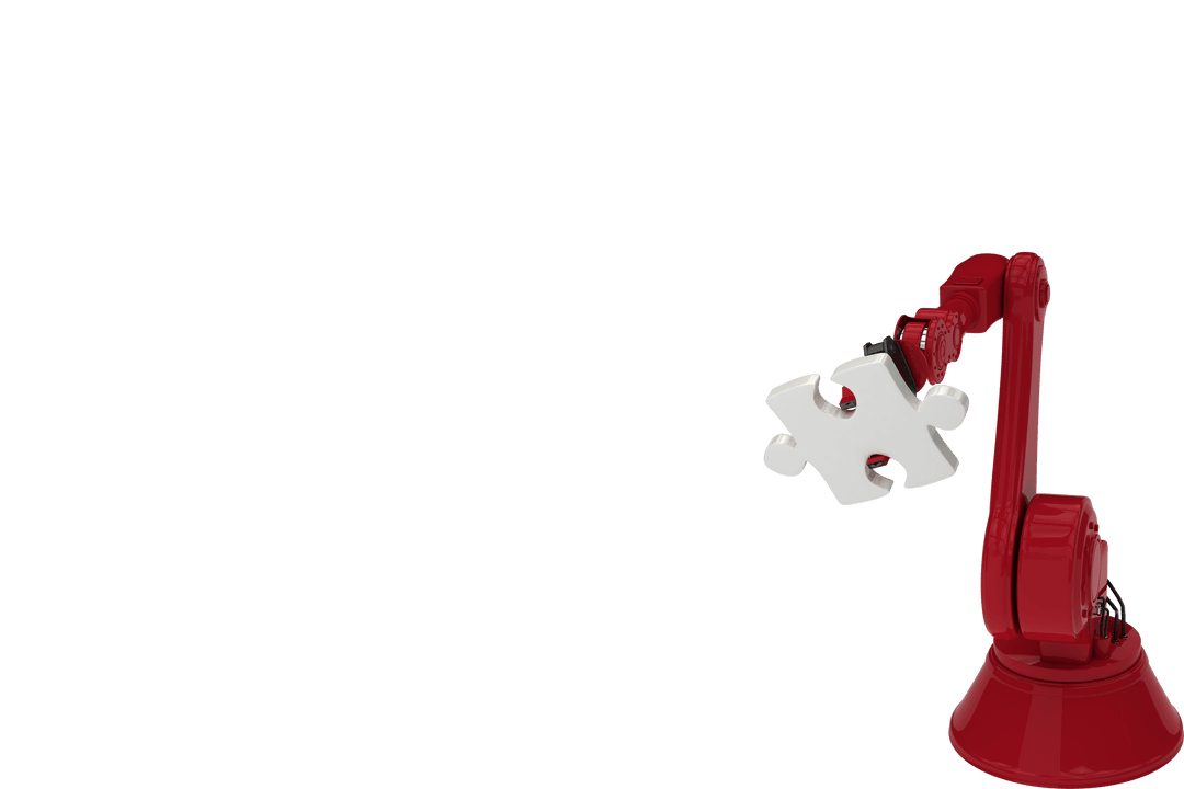 Transparent View of Red Robotic Arm Hand Gripping Puzzle Piece