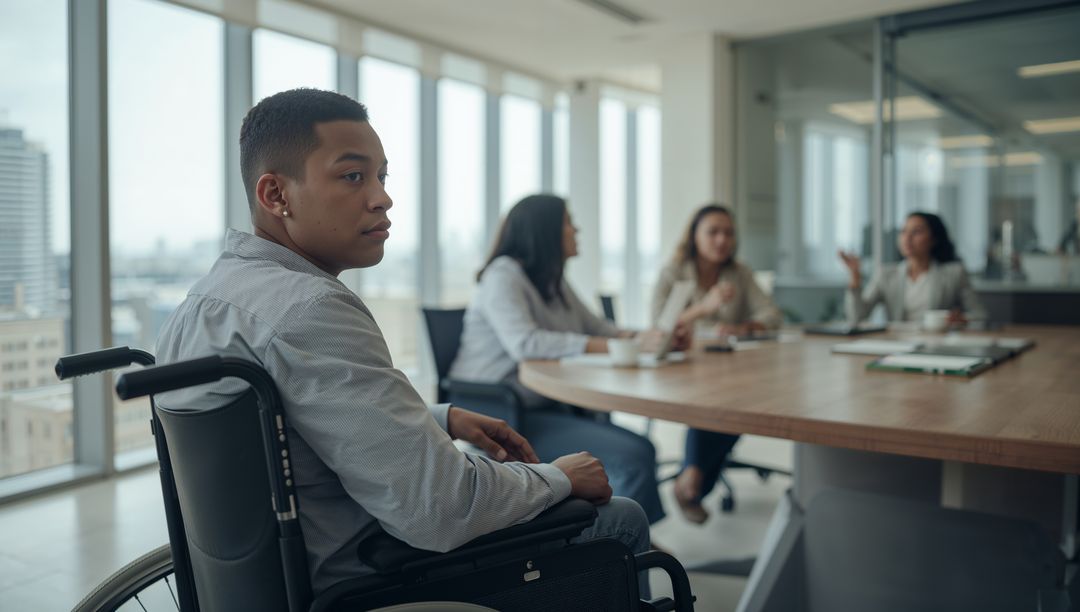 Professional in Wheelchair Collaborating with Team in Modern Office Space