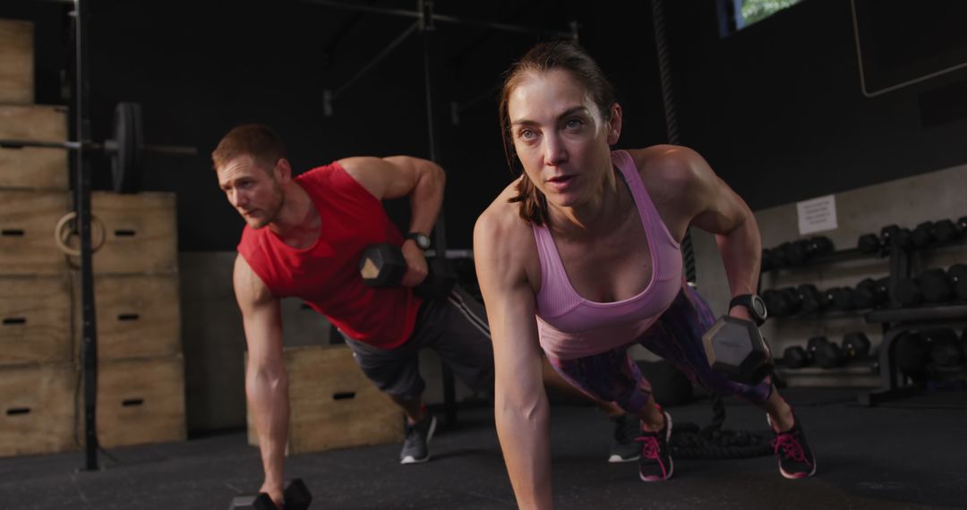 Focused Athletes Performing Dumbbell Push-Ups in Gym