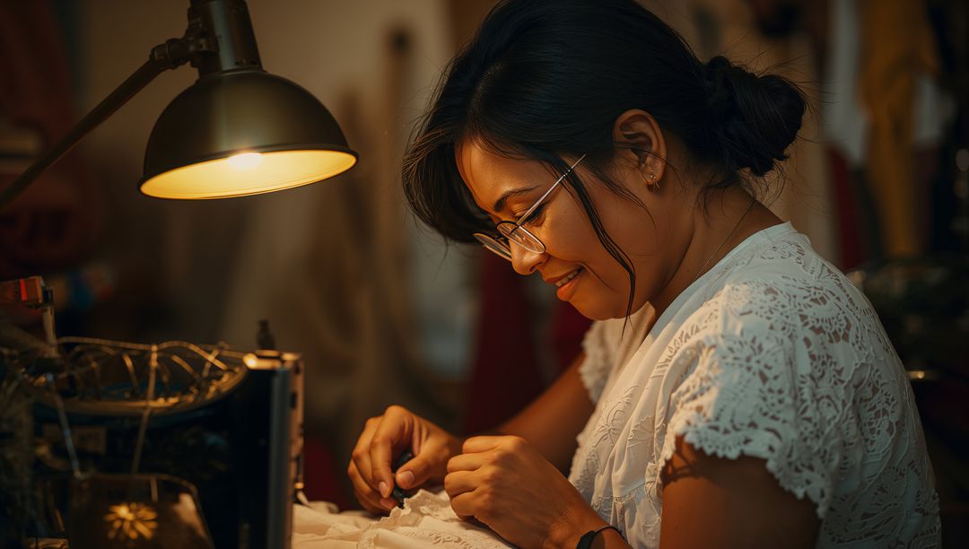 Hand-stitching seamstress working with lace under warm lamp, focused artisanal needlework