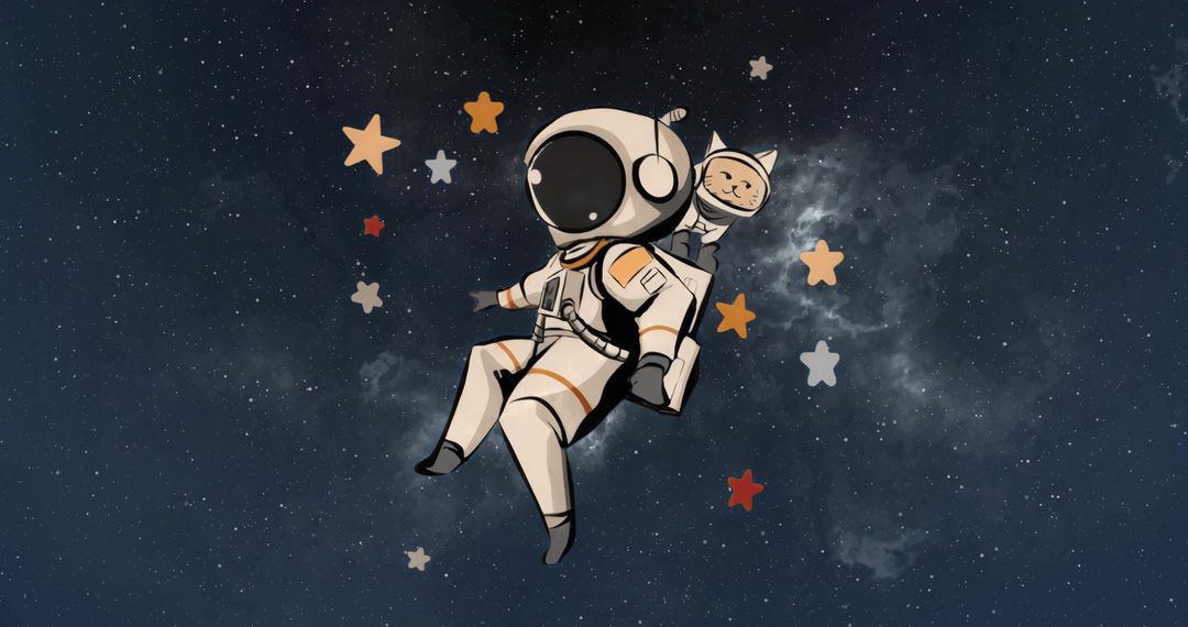 Astronaut with Cat Backpack Floating Through Starry Space