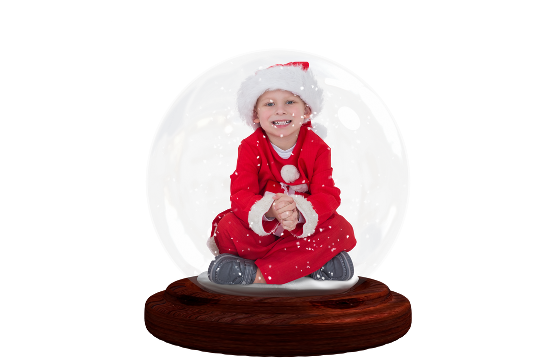 Happy Caucasian Boy in Santa Claus Suit Inside Transparent Glass Snow Globe - Download Free Stock Images Pikwizard.com