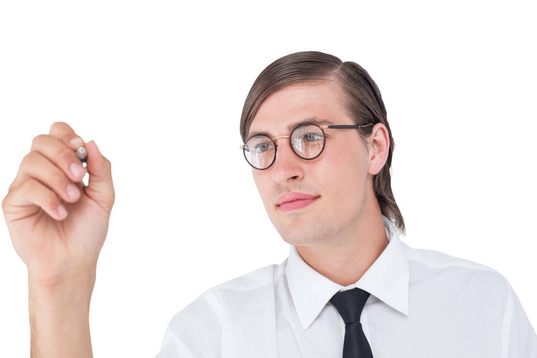 Geeky Businessman Writing on Transparent Surface with Pen