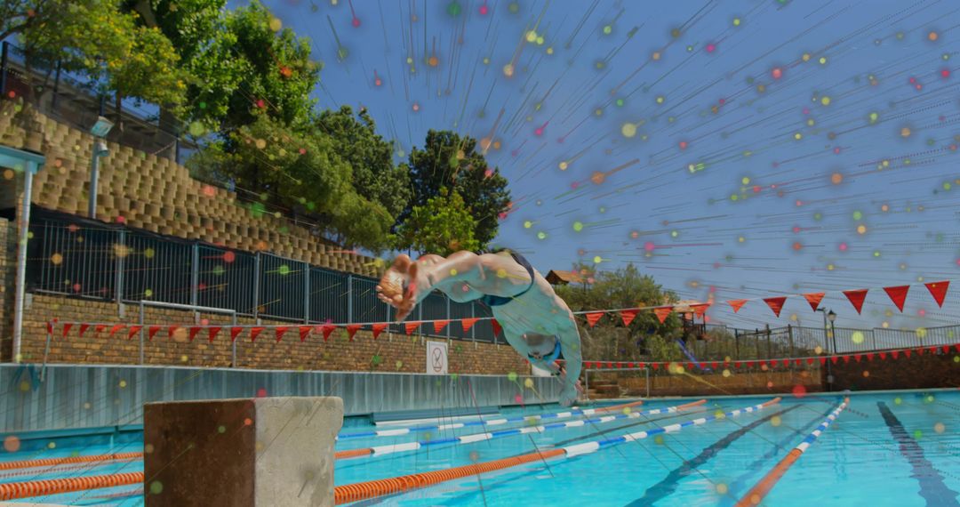 Energetic Male Diver Leaping into Outdoor Pool with Dynamic Motion Effects