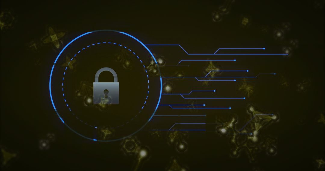 Neon padlock inside HUD rings with circuit traces and glowing nodes for cybersecurity