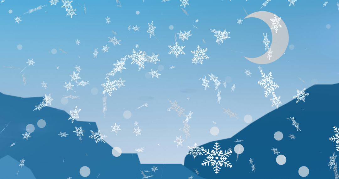 Serene Night Snowfall Over Winter Landscape with Crescent Moon