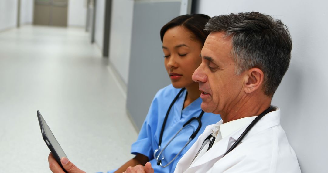 Male and female doctors using tablet together in hospital hallway - Free Images, Stock Photos and Pictures on Pikwizard.com