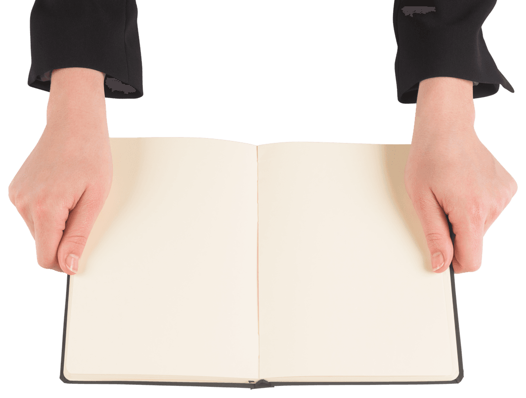 Hands Holding Open Transparent Book on White Background