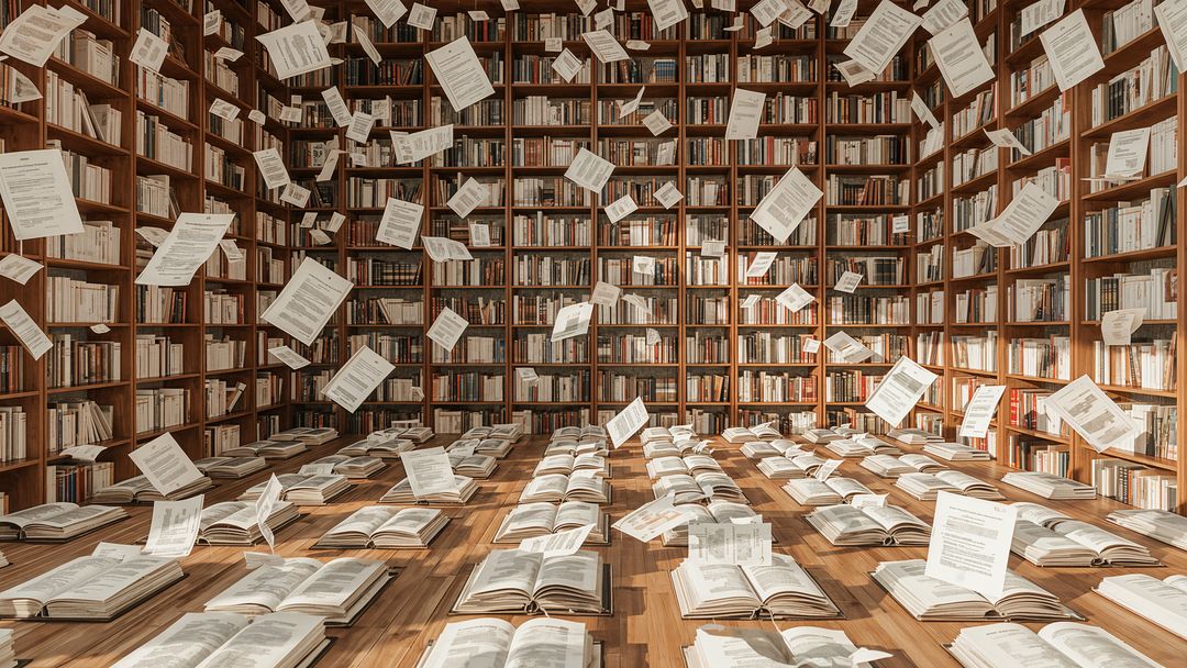 Enchanted Library with Floating Pages Amidst Endless Bookshelves