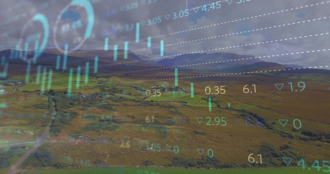 Aerial Farmland Under Digital Financial Graphs Overlay