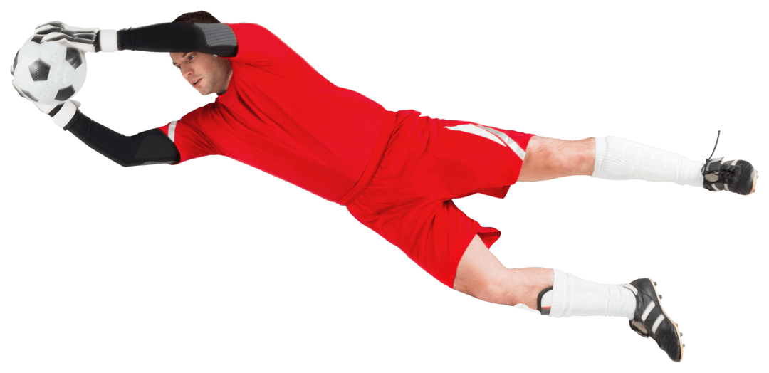 Dynamic Goalkeeper in Red Making Spectacular Transparent Save