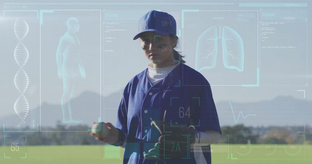 Young Baseball Player Analyzing With Futuristic HUD Interface