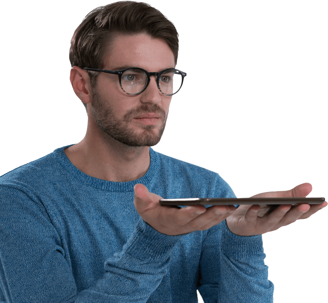 Bearded Man Holding Transparent Tablet Display in Thoughtful Pose