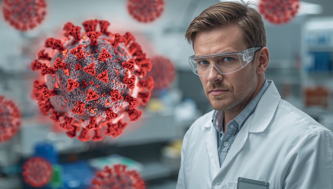 Scientist Observing 3D Coronavirus Model in Laboratory